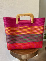 Magenta, Orange and Red Wood-Handled Woven Tote