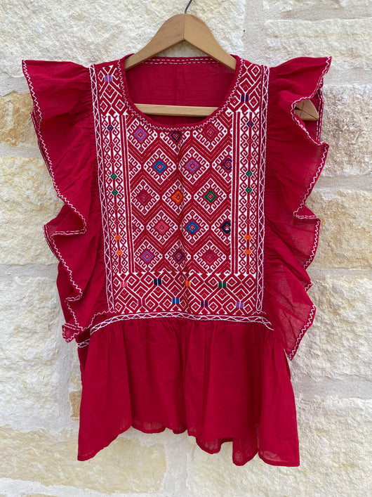 Red and White San Andrés Flutter Sleeve Tunic Blouse M/L