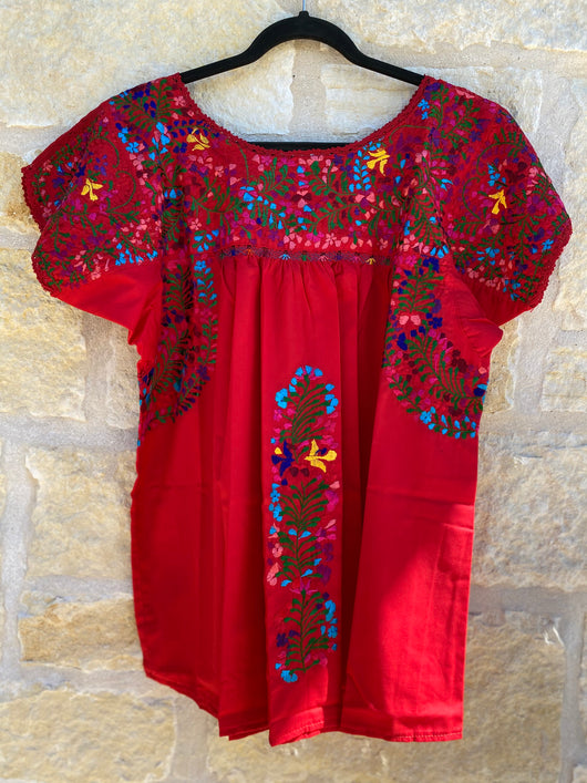 Red and Multicolor Short-Sleeve San Antonino Blouse