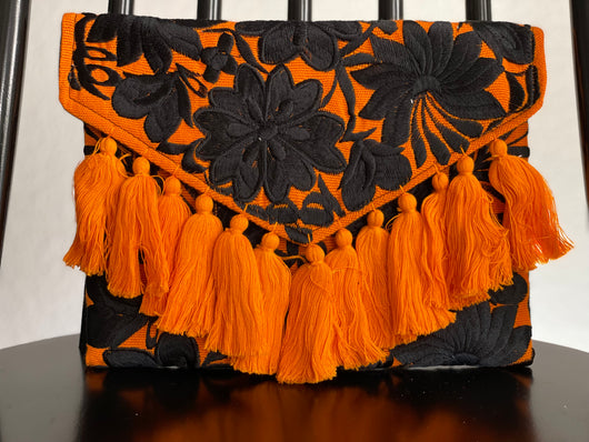 Orange and Black Frida Clutch with Tassels