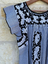 Black and White Stripe with B/W Embroidery Flutter Sleeve Felicia Blouse - M
