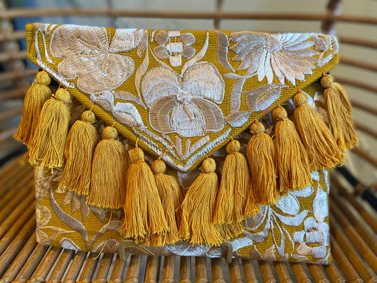 Mustard Yellow and Champagne Frida Clutch with Tassels
