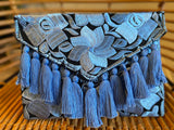 Periwinkle and Black Frida Clutch with Tassels