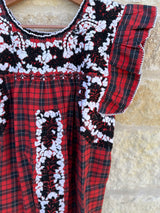 Red Plaid with B/W Embroidery Flutter Sleeve Felicia Blouse - M/L