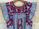 Pinstripe with Purple, Lavender and Red Embroidery Flutter Sleeve Felicia Dress - M/L