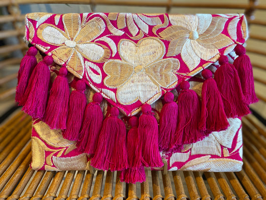 Magenta and Champagne Frida Clutch with Tassels