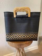 Black and Gold Wood-Handled Woven Tote